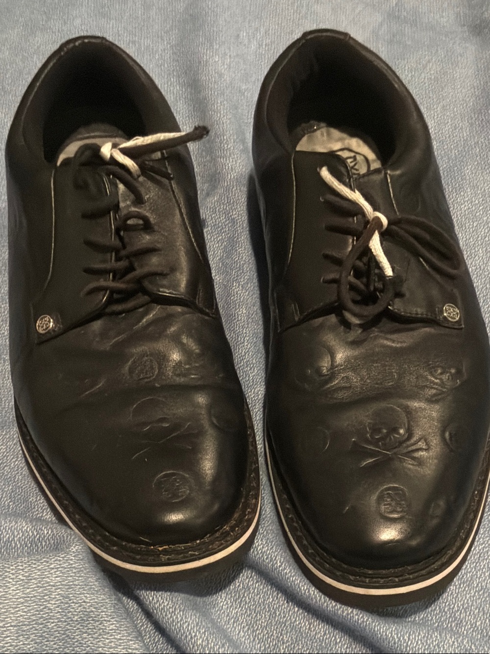 G/FORE Black Leather Embossed Skull Oxford Shoes with White Welt
